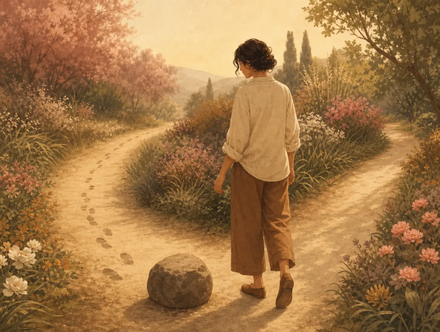 Narrative Therapy Techniques: person setting down a carried stone at a path fork, looking back at footprints