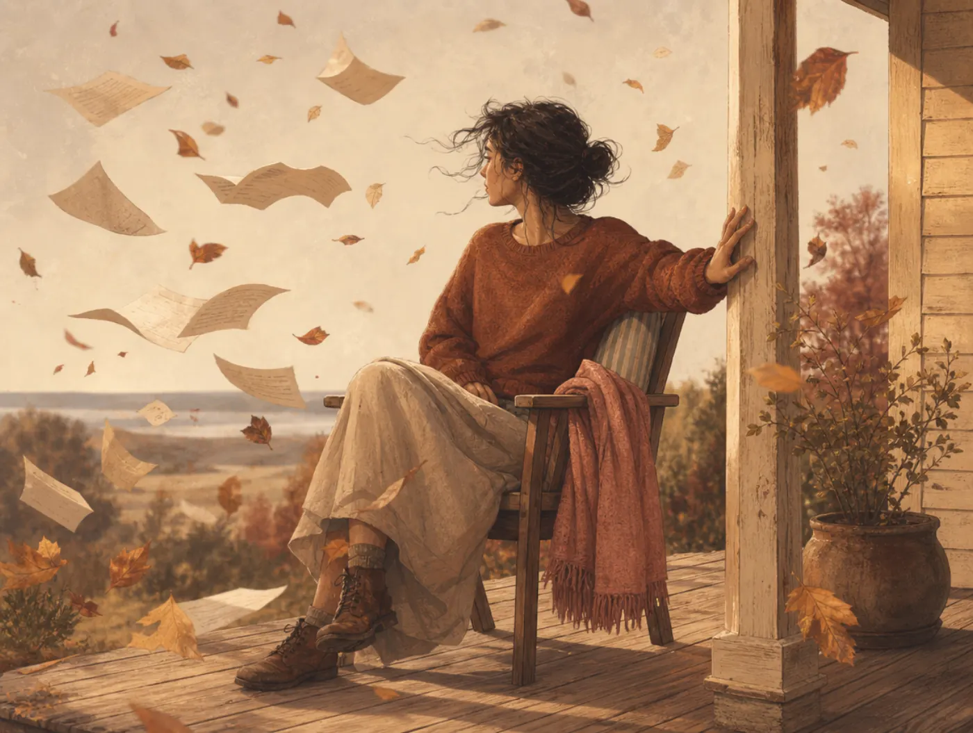 The Observing Self: a person sits calmly anchored on a porch, hand on a post, while wind swirls papers and leaves around