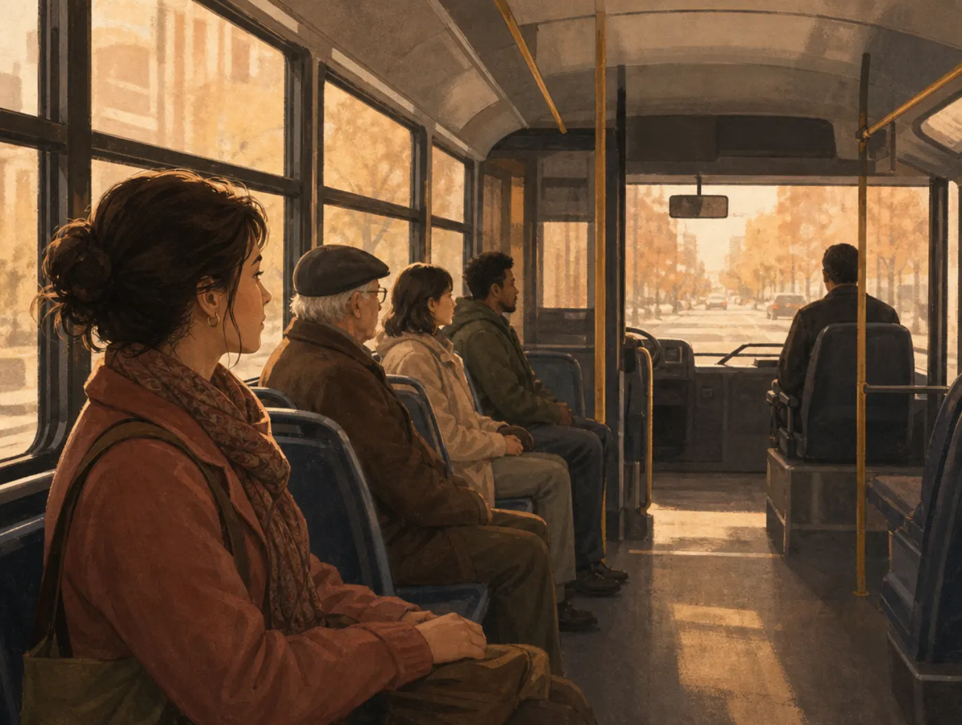 Passengers on the Bus: a commuter sits behind the driver's seat on a city bus while ordinary passengers ride quietly in
