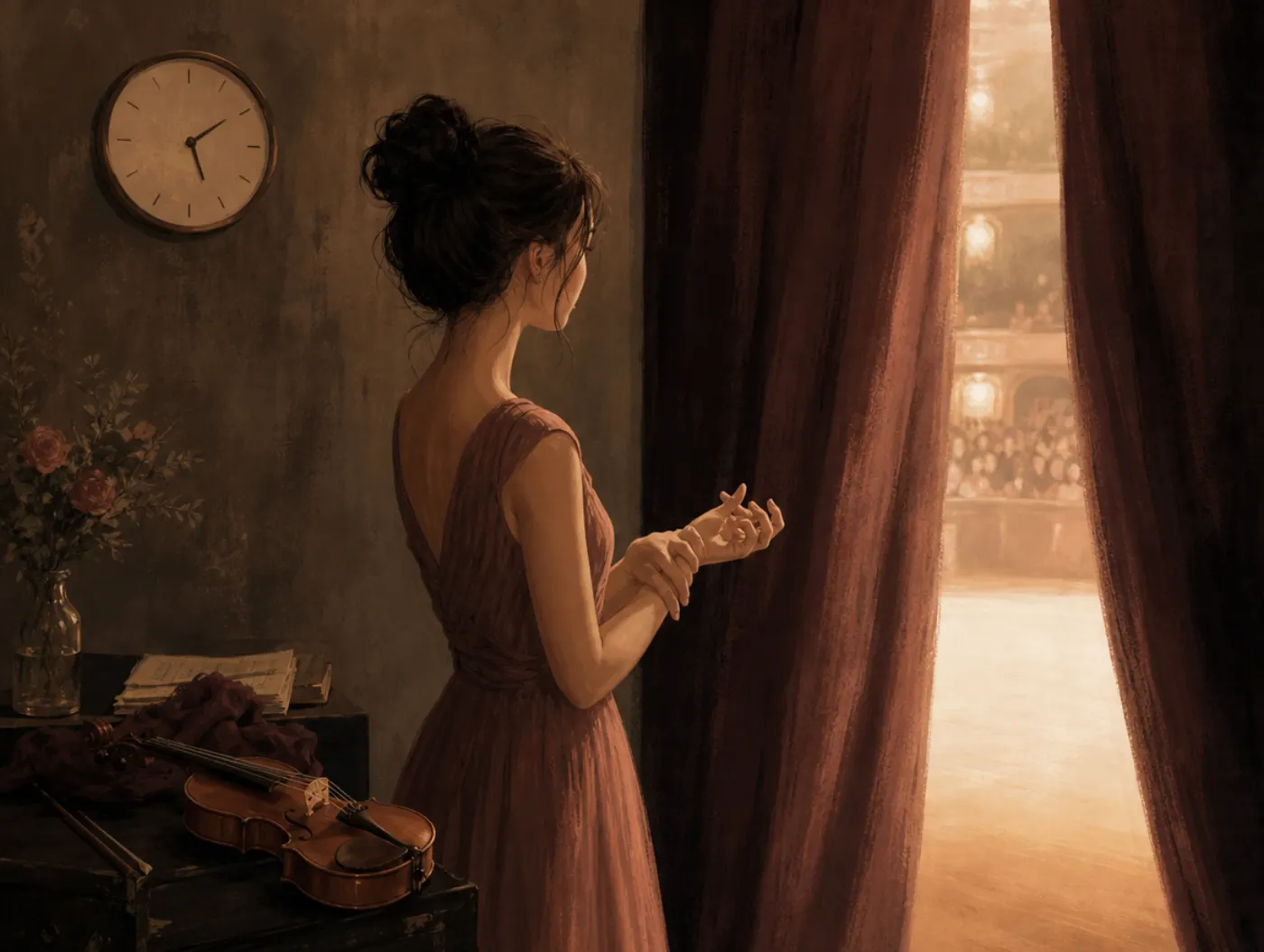 Performance Anxiety: a violinist shaking out tension backstage before stepping into the stage light