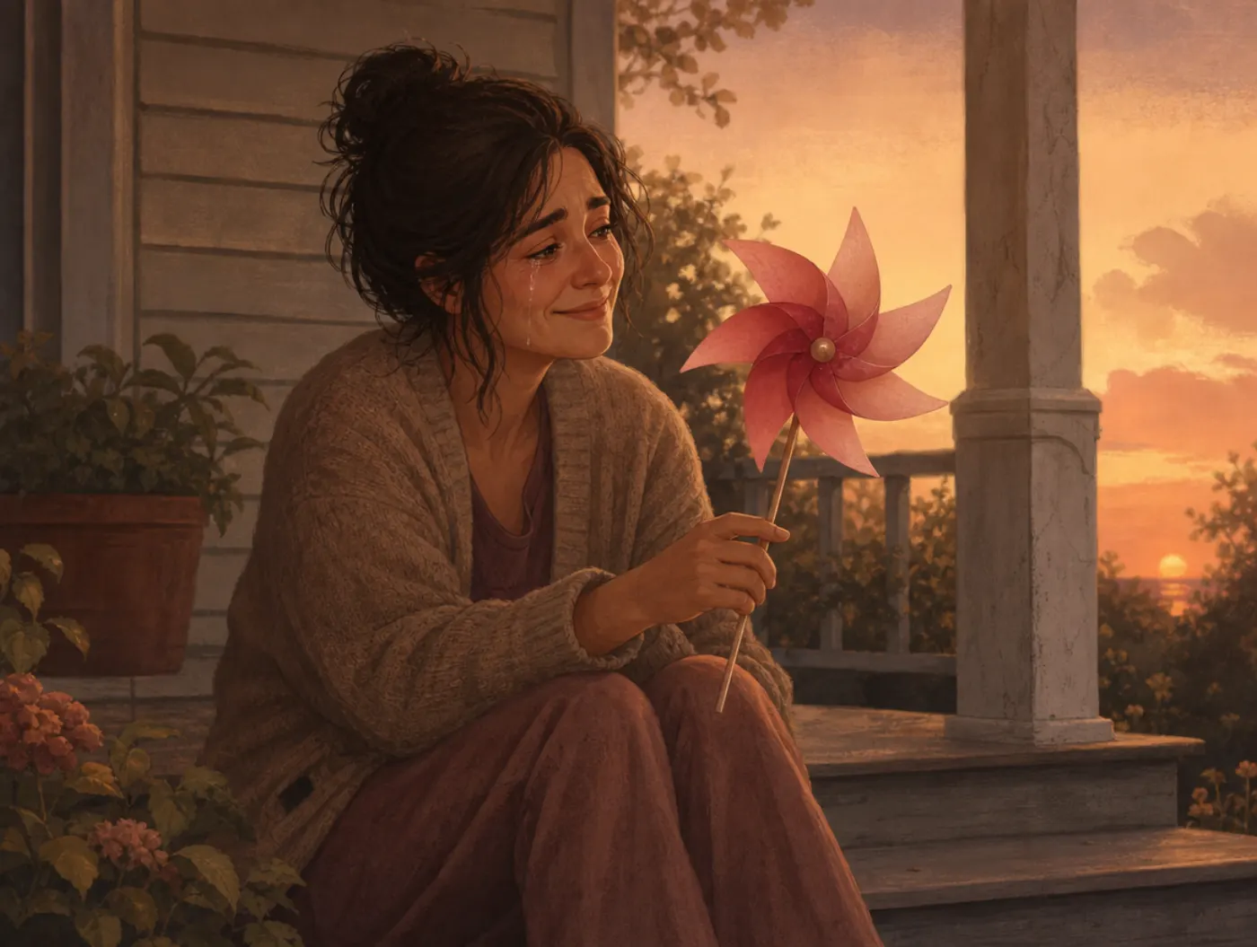 Plutchik's Wheel of Emotions: person on porch steps smiling through tears, spinning a petal-graded pinwheel