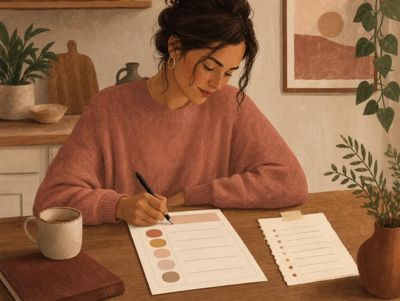 Positive Affirmations Worksheet: a person filling it in beside a handwritten list of their personal strengths and values