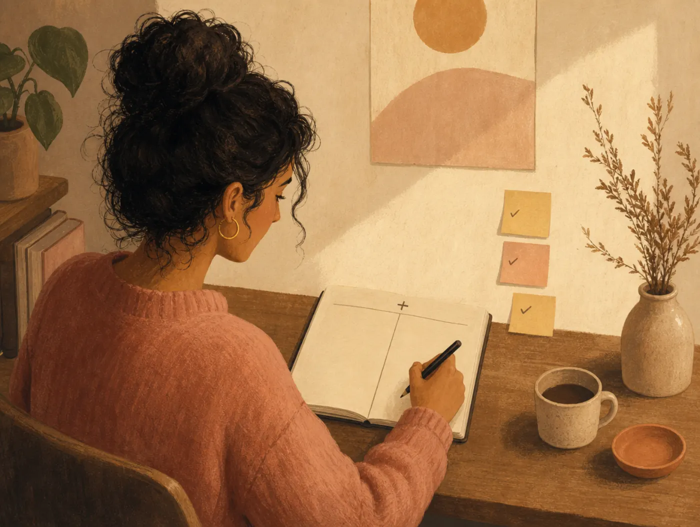 Positive Data Log Worksheet: person jotting a small positive observation into a two-column notebook beside sticky notes