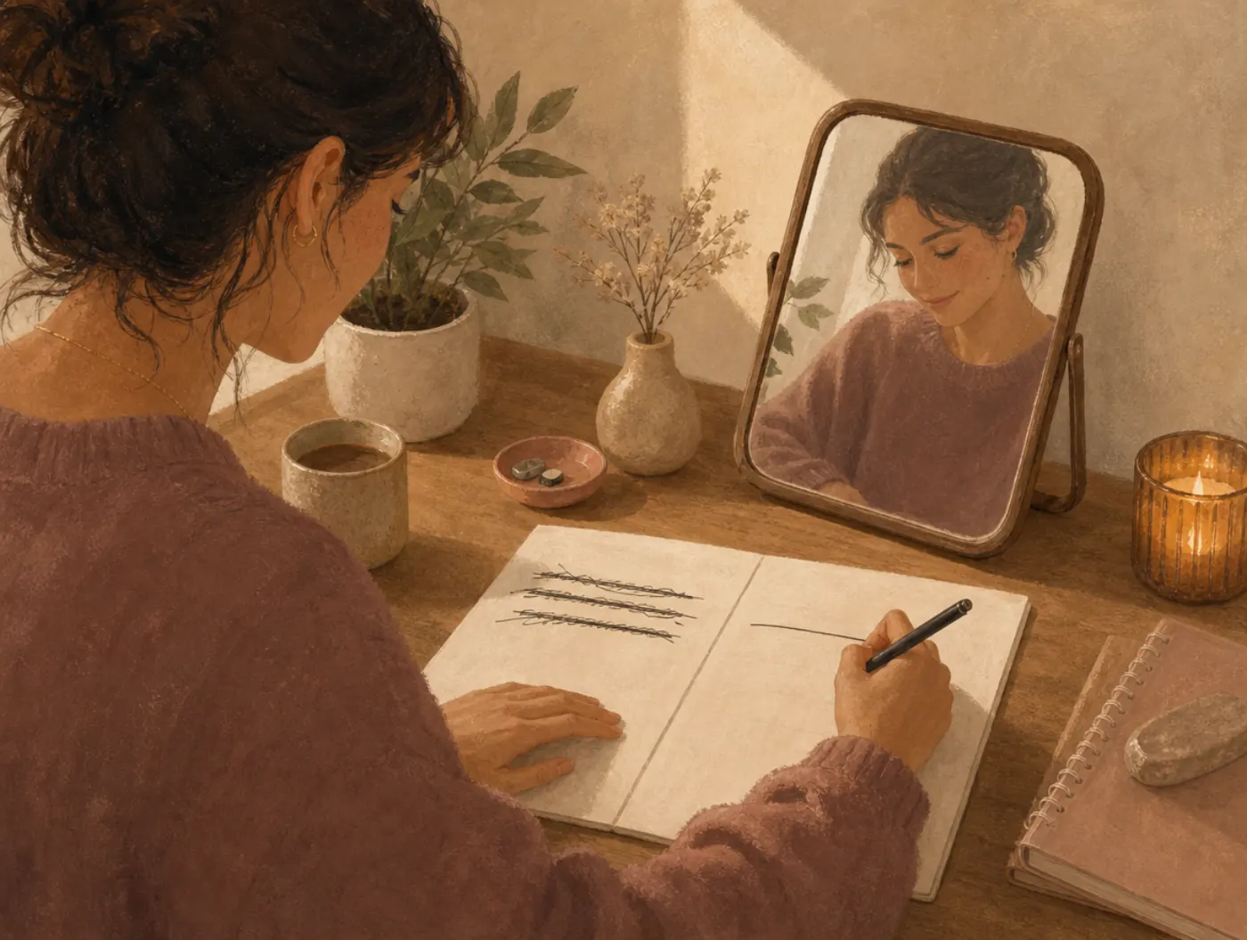 Positive Self-Talk Worksheet: crossing out a harsh sentence and rewriting a calmer one beside it