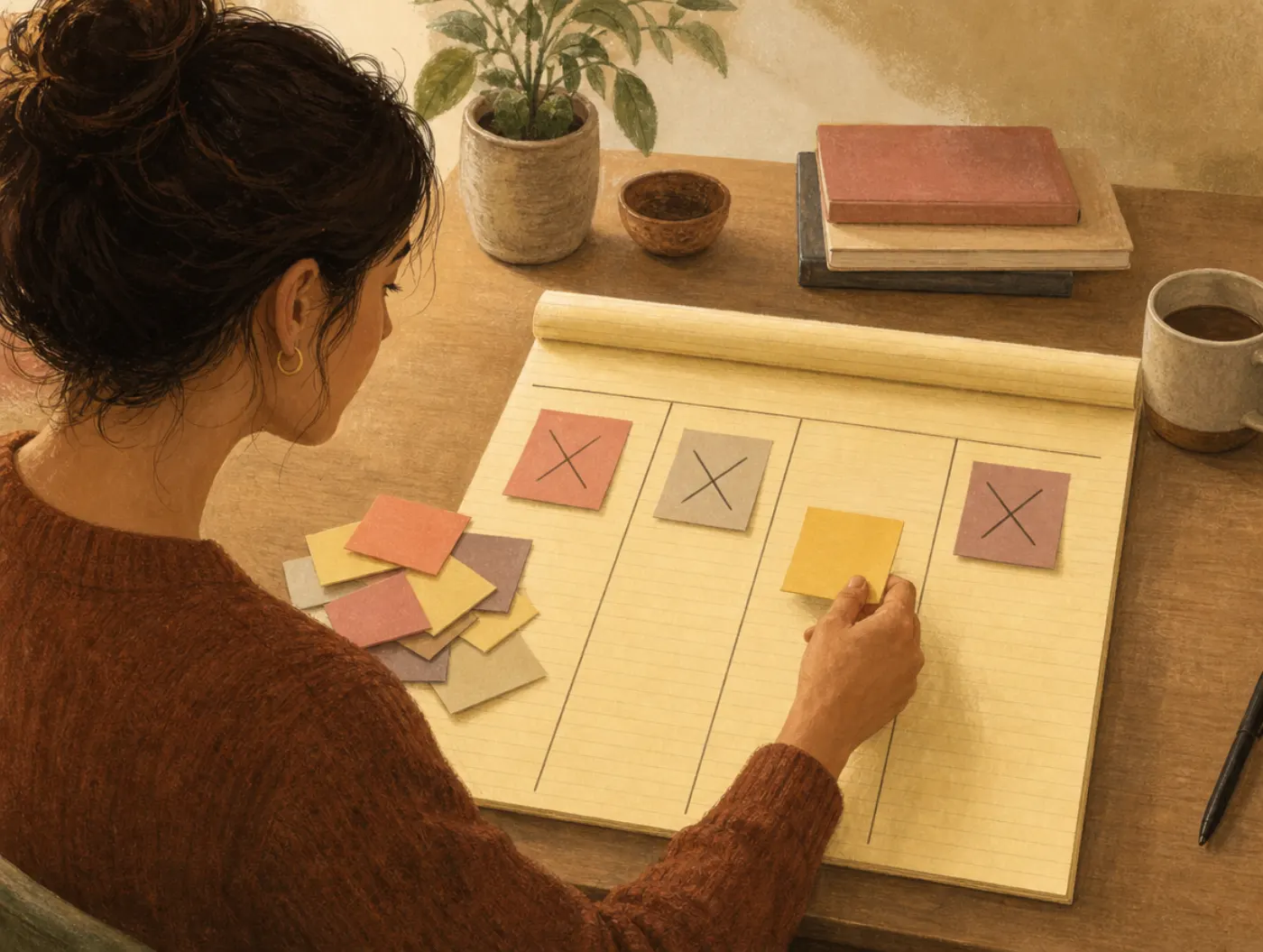 Problem-Solving Worksheet: a person at a desk sorting colored sticky notes into columns on a divided legal pad