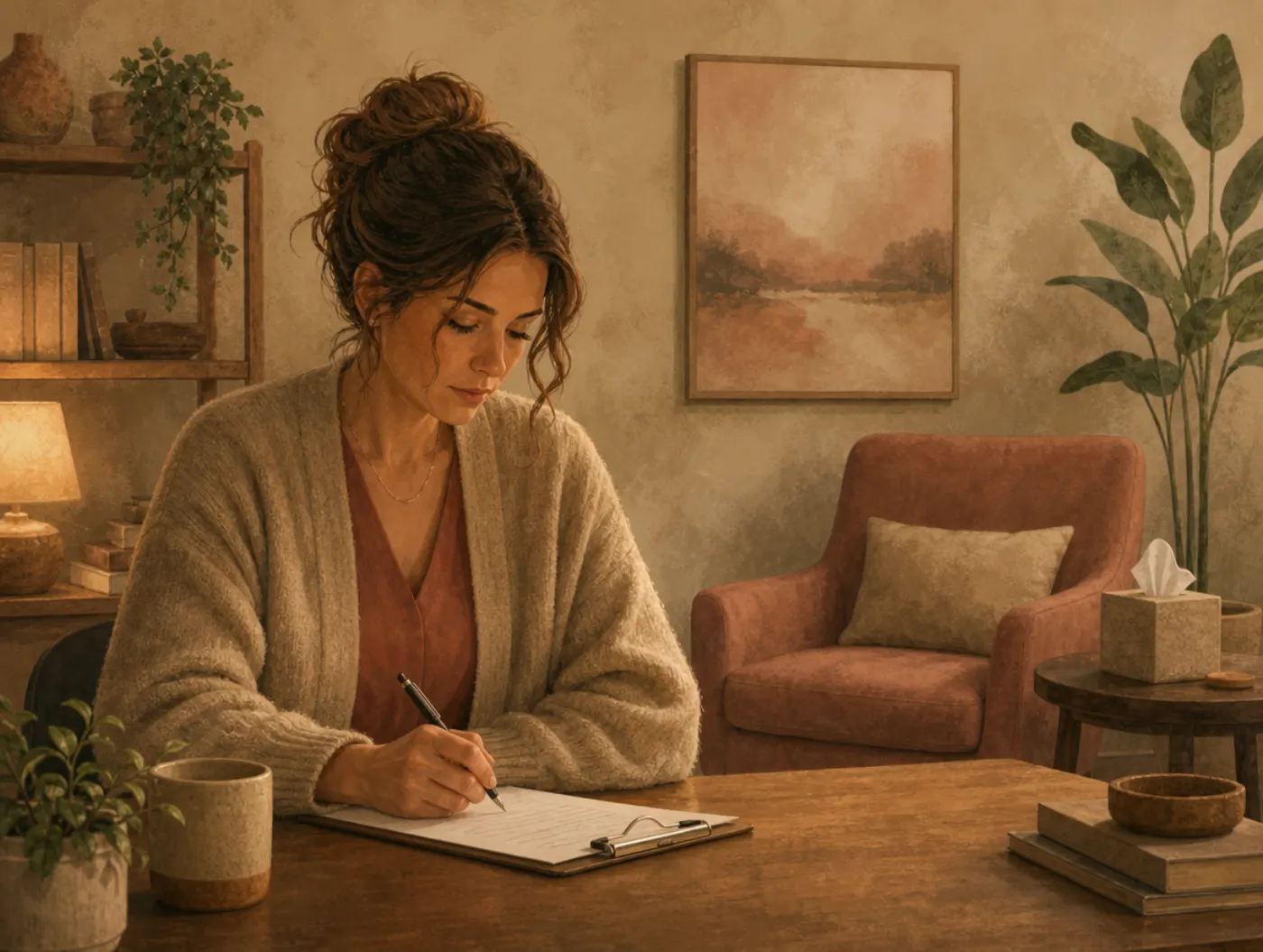 Progress Note Template: a therapist writing on a clipboard at a desk beside an empty client armchair after a session