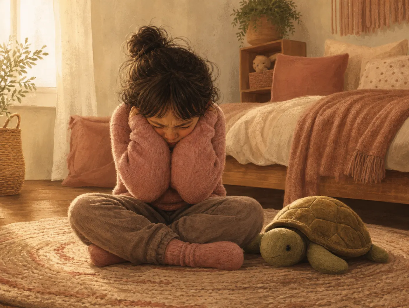 Progressive Muscle Relaxation for Kids: child scrunches shoulders up like a turtle, stuffed turtle toy beside them
