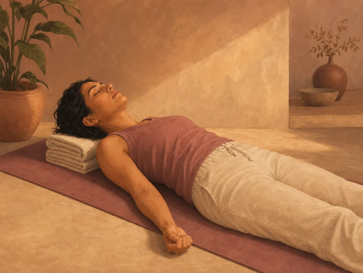 Progressive Muscle Relaxation: person lying on a mat clenching one fist while the other hand rests open and relaxed