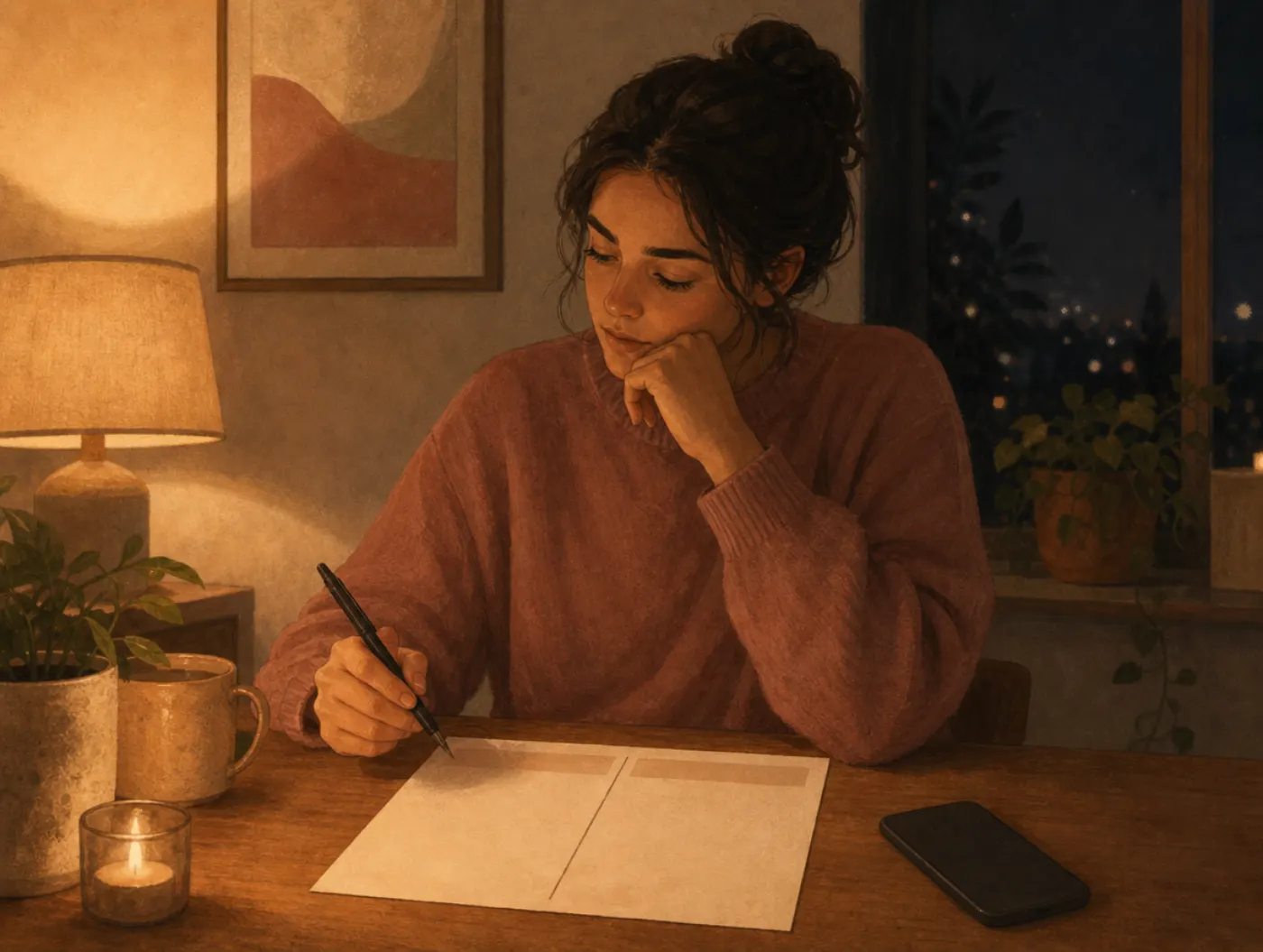 Pros and Cons Worksheet: a person pausing pen in hand over a two-column list, phone face-down, weighing whether to act o