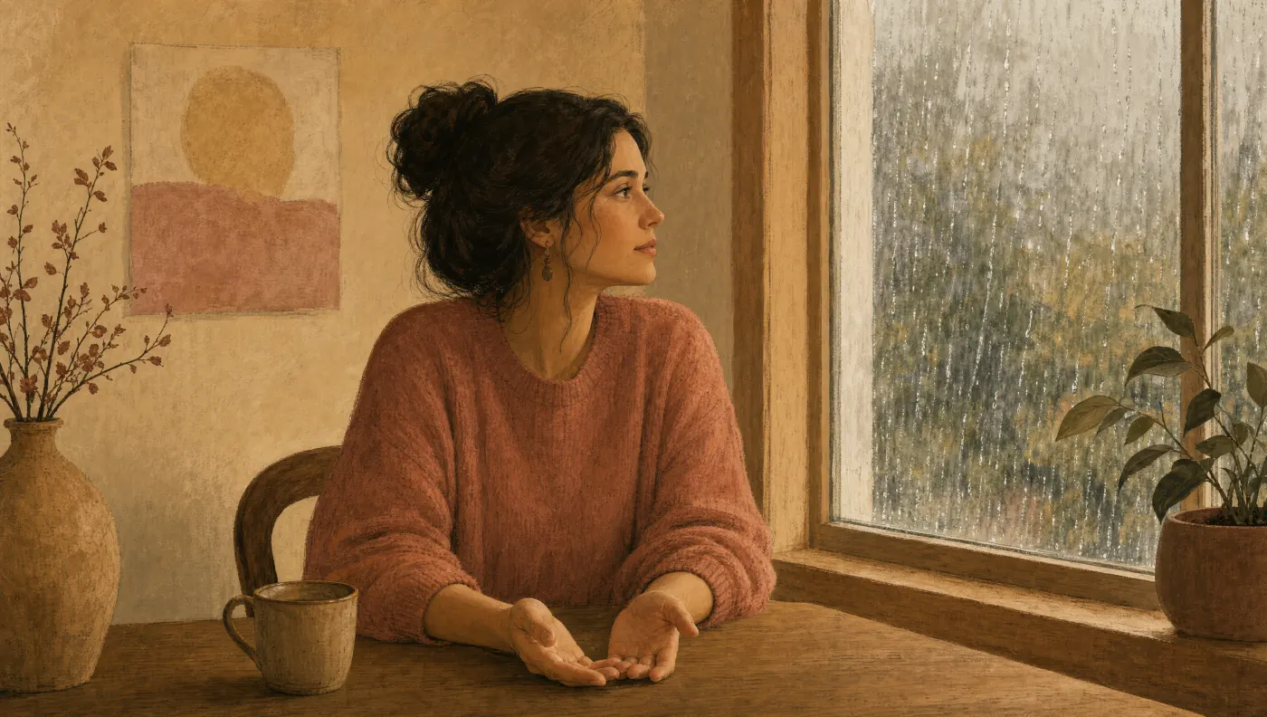Radical Acceptance Worksheet: Woman with open hands gazing peacefully at rain falling outside a window