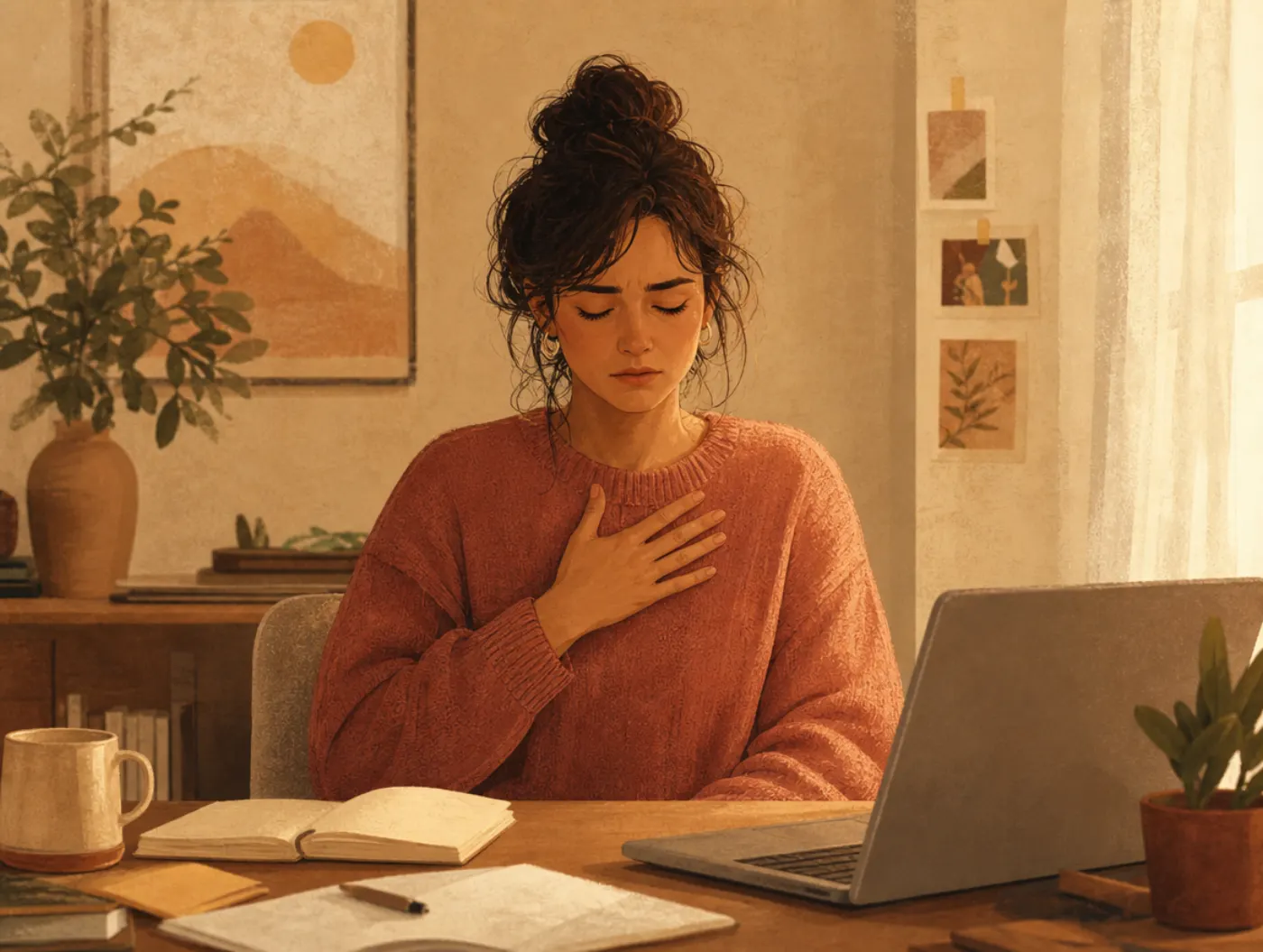 RAIN Mindfulness Technique: a person pausing at their desk, hand pressed to chest, eyes closed, sitting with a rising em