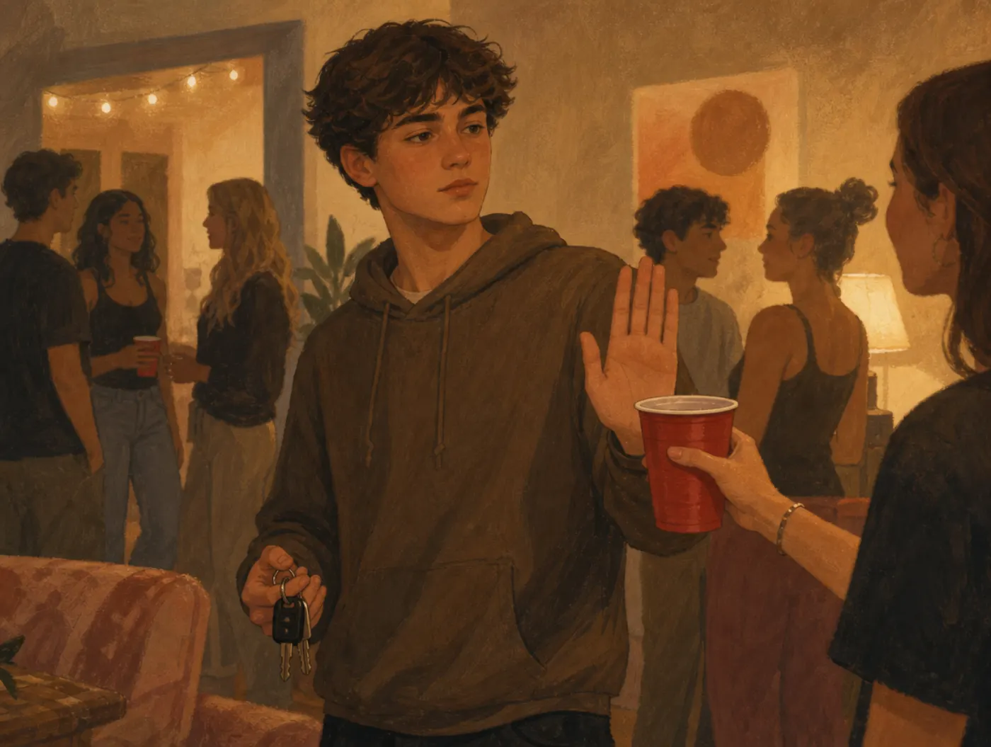 Drink/Drug Refusal Skills: a teen at a party declining a red cup with a raised hand, keys ready to leave