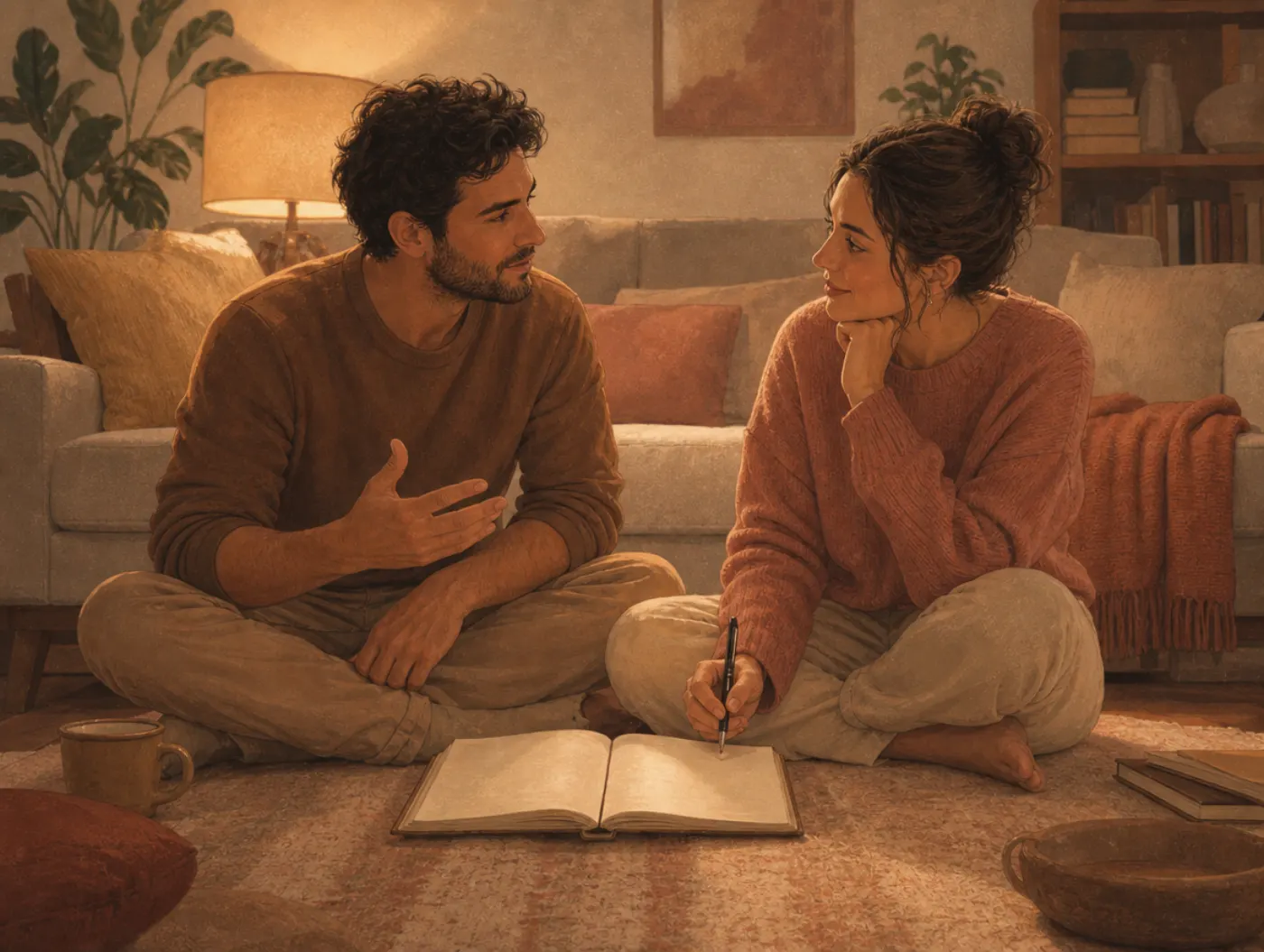 Relationship Check-In Worksheet: couple on the living room floor sharing a two-column notebook during a Sunday evening t