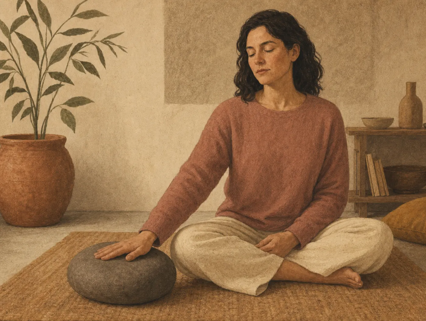 Relaxation Techniques: person sitting cross-legged, eyes closed, hand pressed to a smooth grounding stone