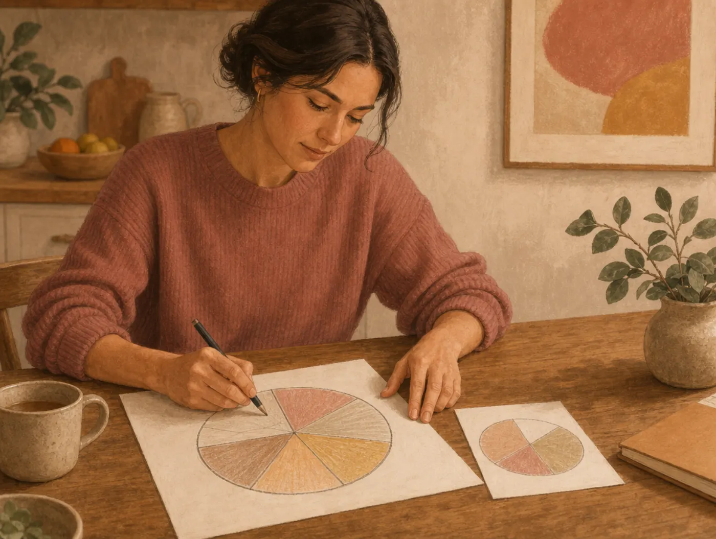 Responsibility Pie Chart Worksheet: person at a table dividing a paper pie chart into wedges, comparing it to an earlier