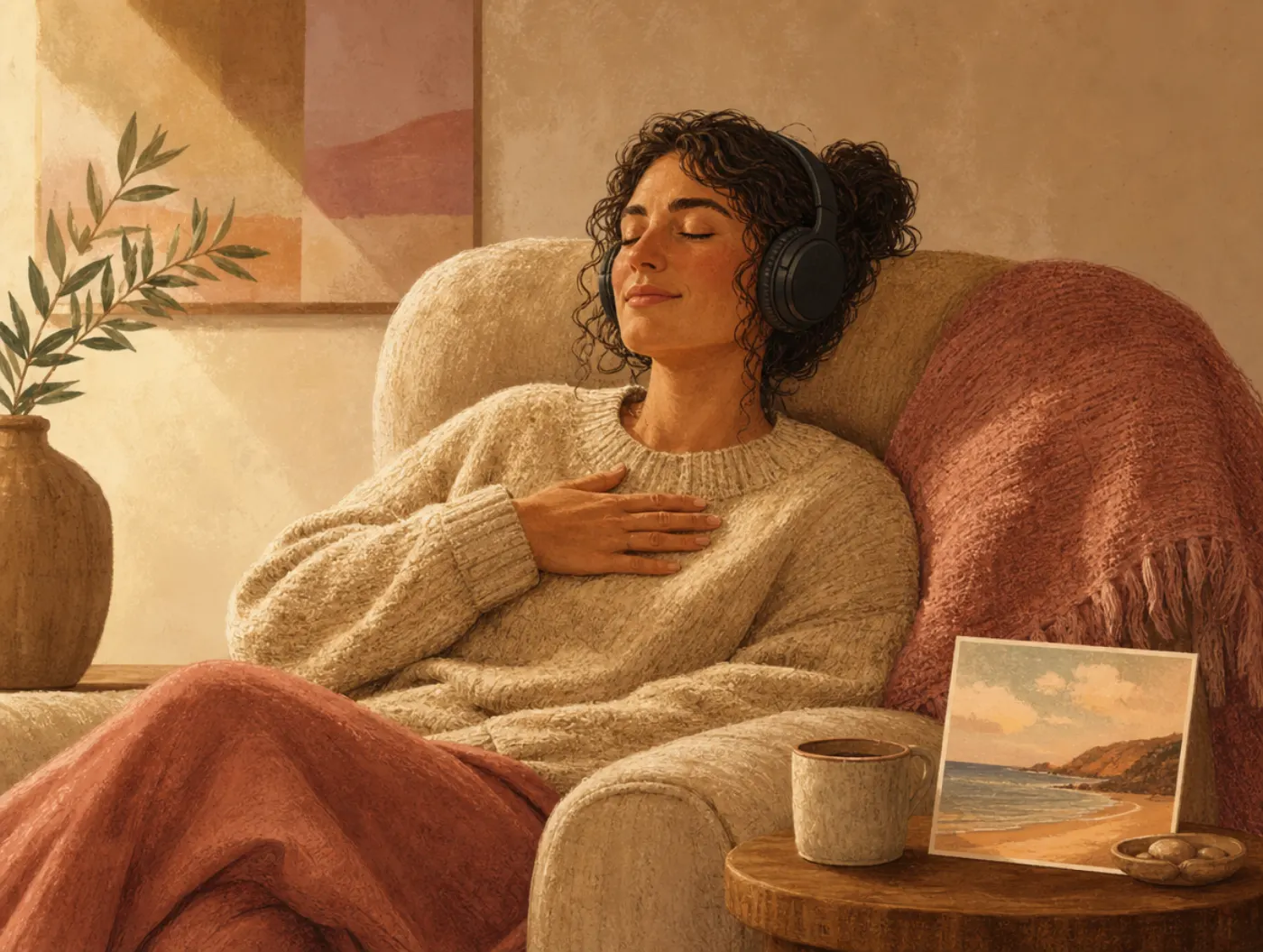 Safe Place Imagery Script: an adult in an armchair, eyes closed, headphones on, beach postcard beside them