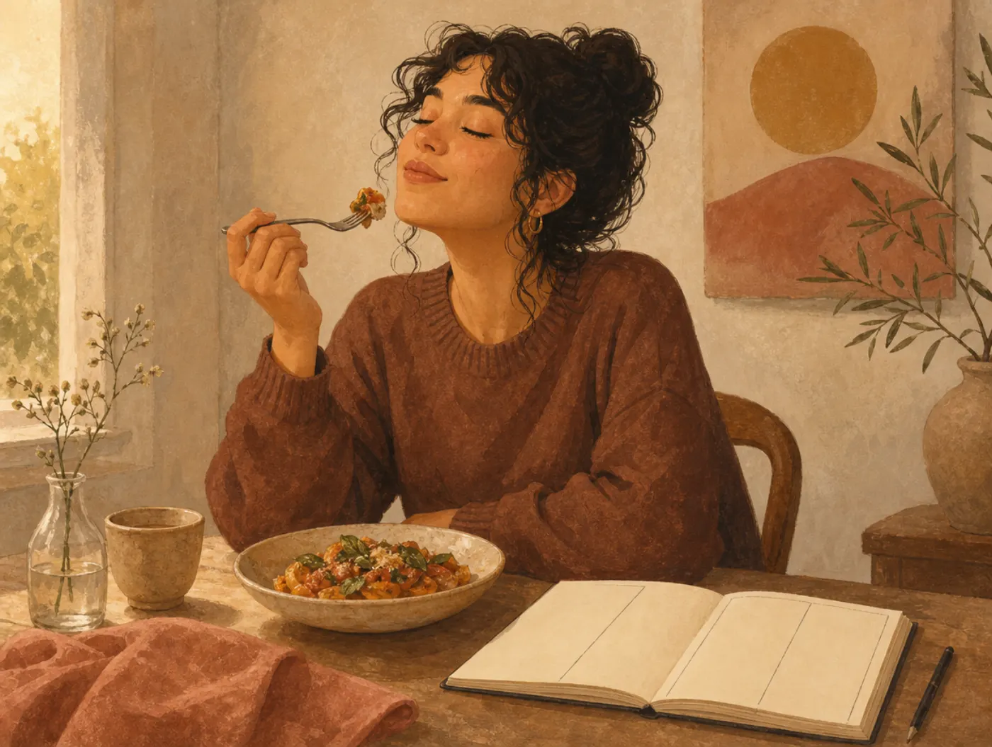 Savoring Worksheet: person pausing mid-bite of food with eyes closed beside an open three-column notebook