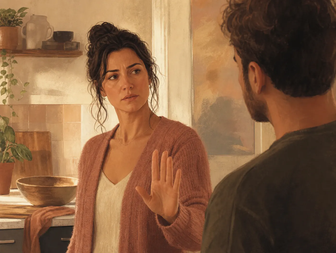 What Are Schemas?: a woman catches herself mid-argument in the kitchen, pausing before an old automatic retort