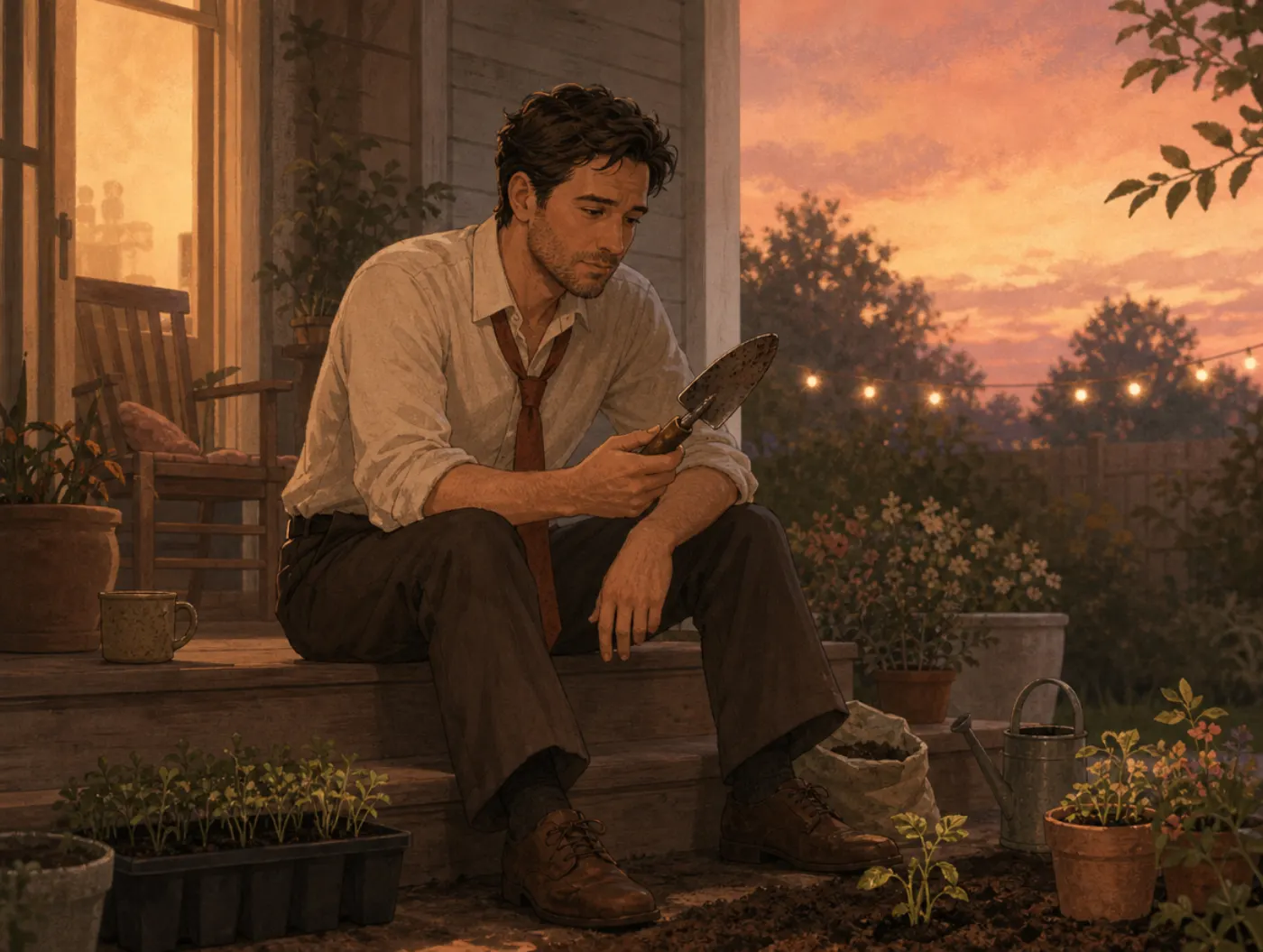 Self-Care Wheel: tired worker on porch step at dusk, tie loosened, holding a garden trowel