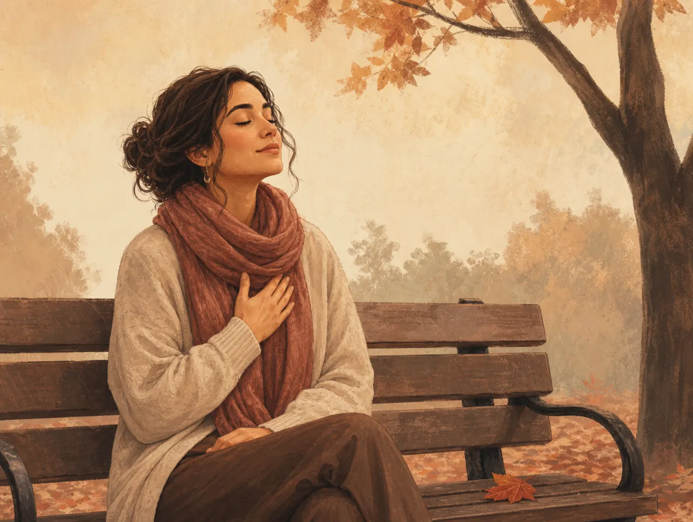 Self-Compassion Break: woman on a park bench with a hand over her heart, eyes closed, exhaling slowly