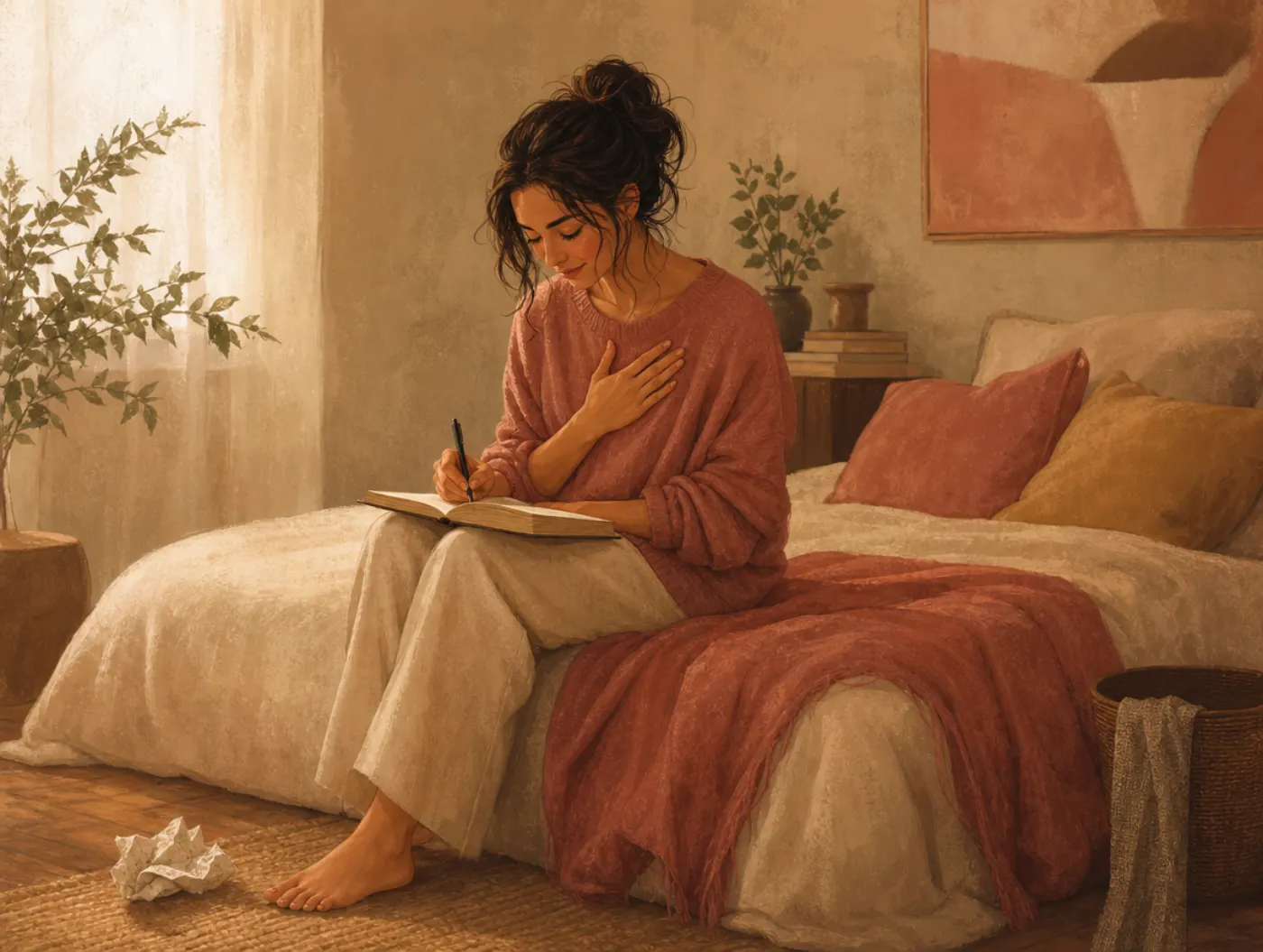 Self-Compassion Exercises: a woman sits on her bed, hand over her heart, writing kindly in a journal beside a discarded