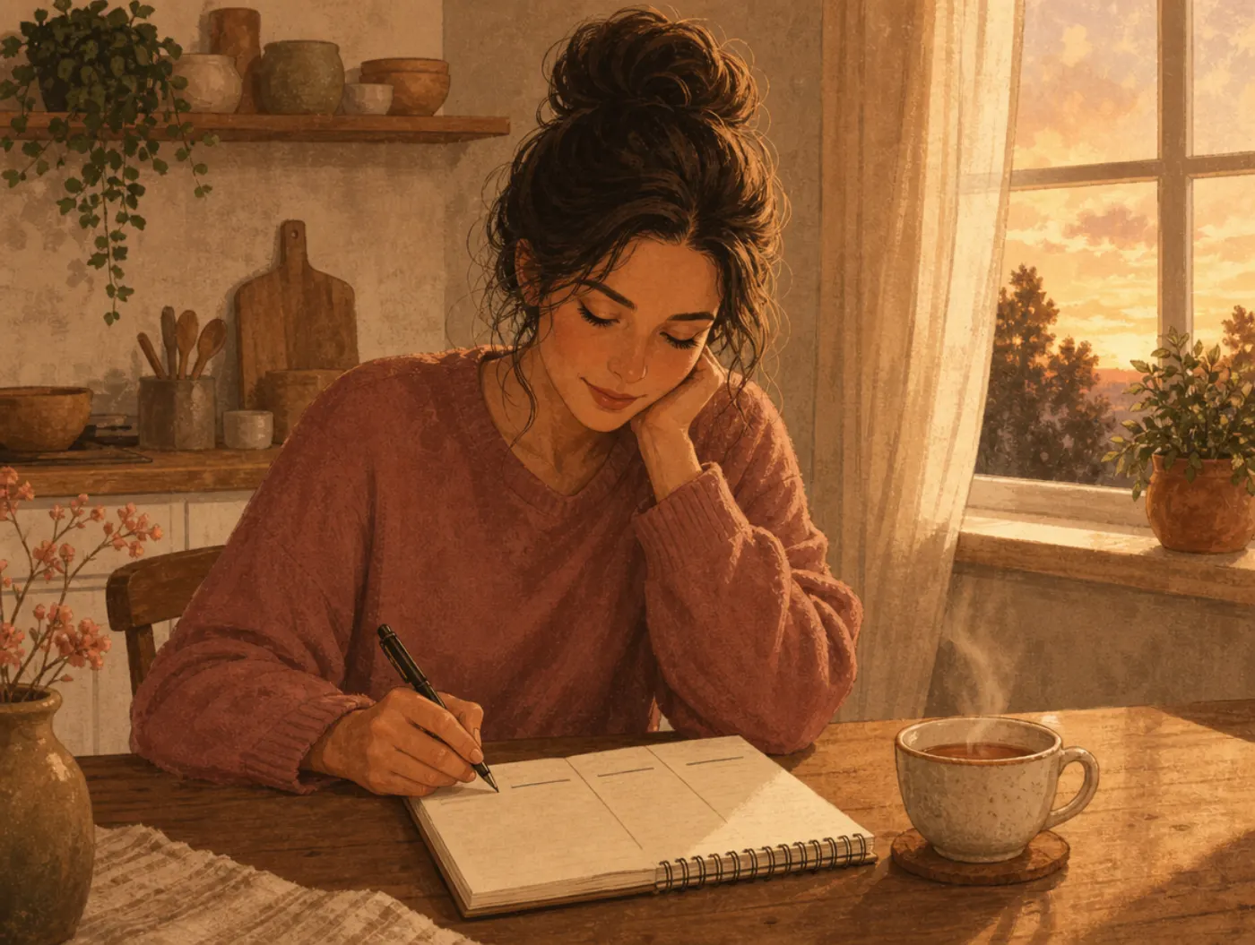 Self-Esteem Journal: a woman writing in a spiral notebook at a kitchen table with a cooling cup of tea