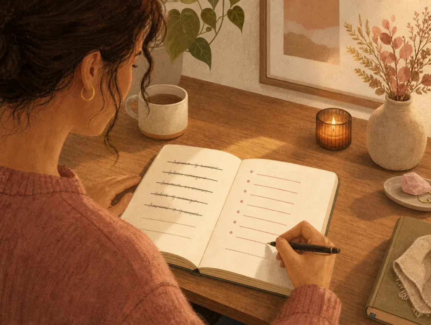 Self-Esteem Worksheet: a person crossing out a self-critical line and writing a fairer thought beside a strengths list