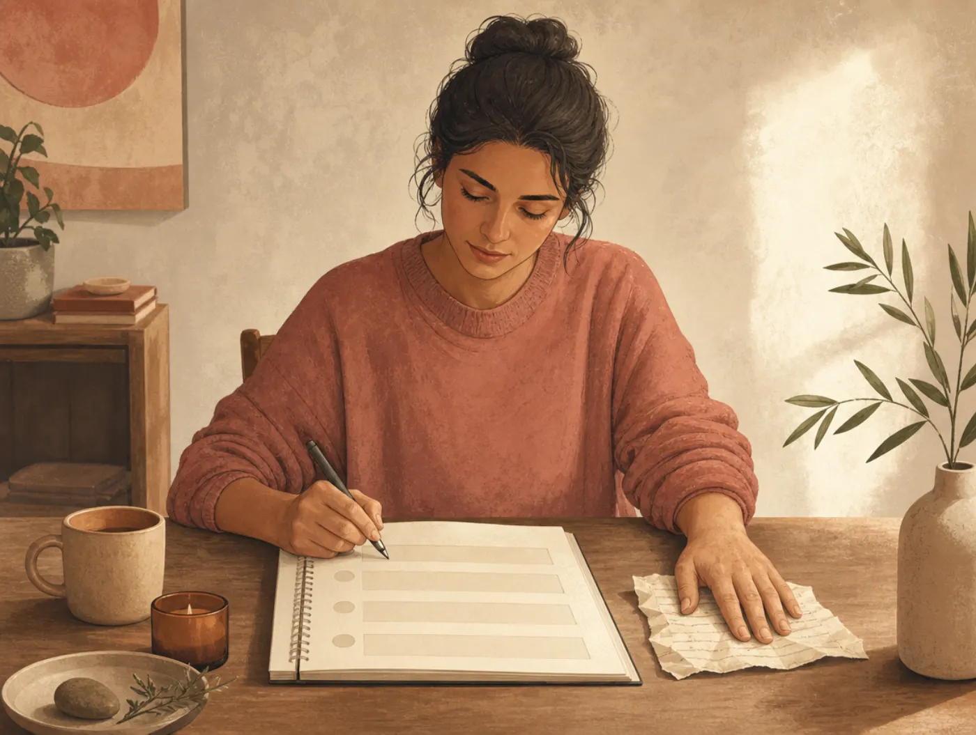 Self-Forgiveness Worksheet: person writing at a table, hand resting on a set-aside crumpled note, calm expression