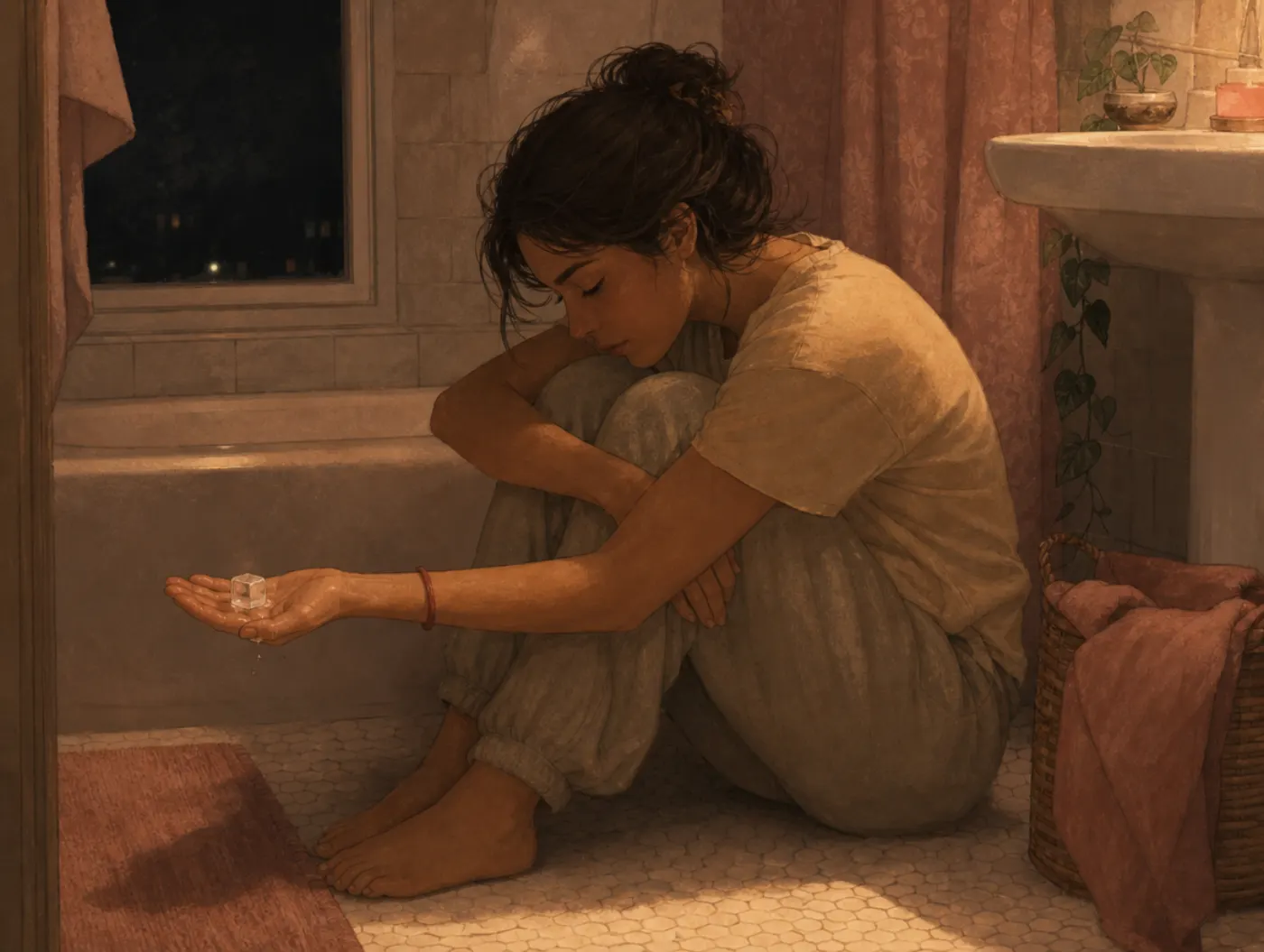 Coping with Self-Harm Urges: person sitting on floor at night holding a melting ice cube, using a grounding technique to