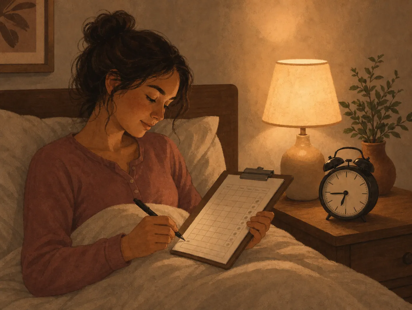 Sleep Diary: person in bed at night writing in a paper sleep log by lamplight, an alarm clock on the nightstand