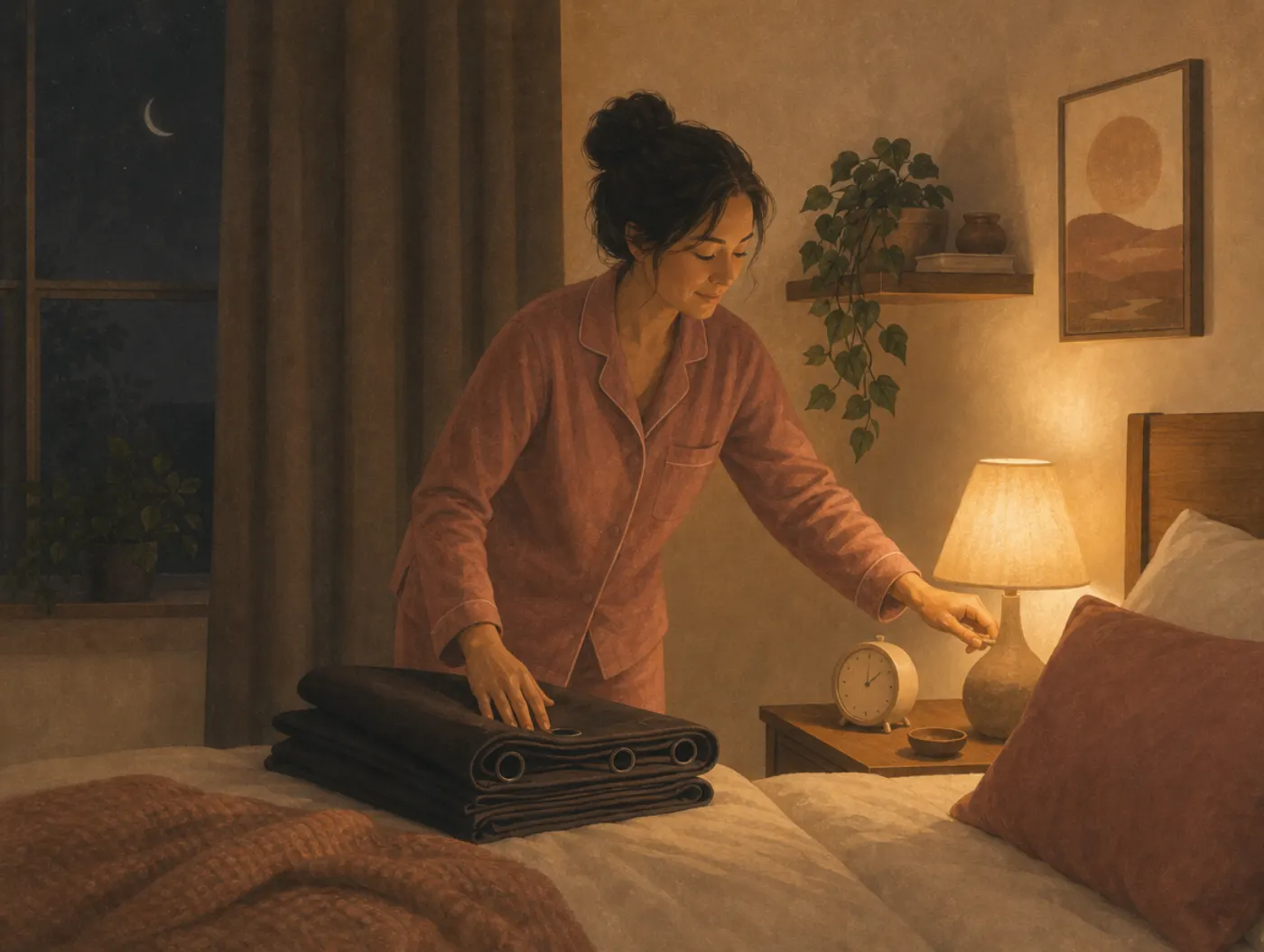 Sleep Hygiene Checklist: person in pajamas dimming a bedside lamp at night beside an analog alarm clock and folded black