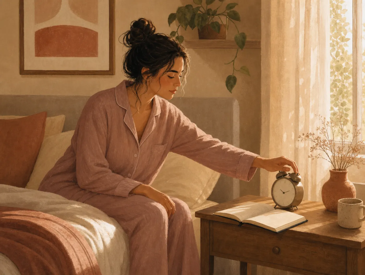 Sleep Restriction Worksheet: person sitting on bed's edge setting an alarm clock at dawn, sleep diary notebook open on t