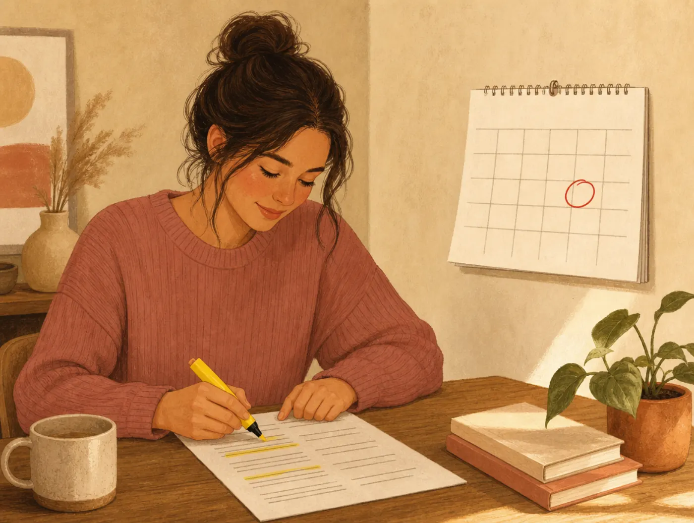 SMART Goals Worksheet: person filling in worksheet blank lines with a highlighter beside a calendar with one date circle