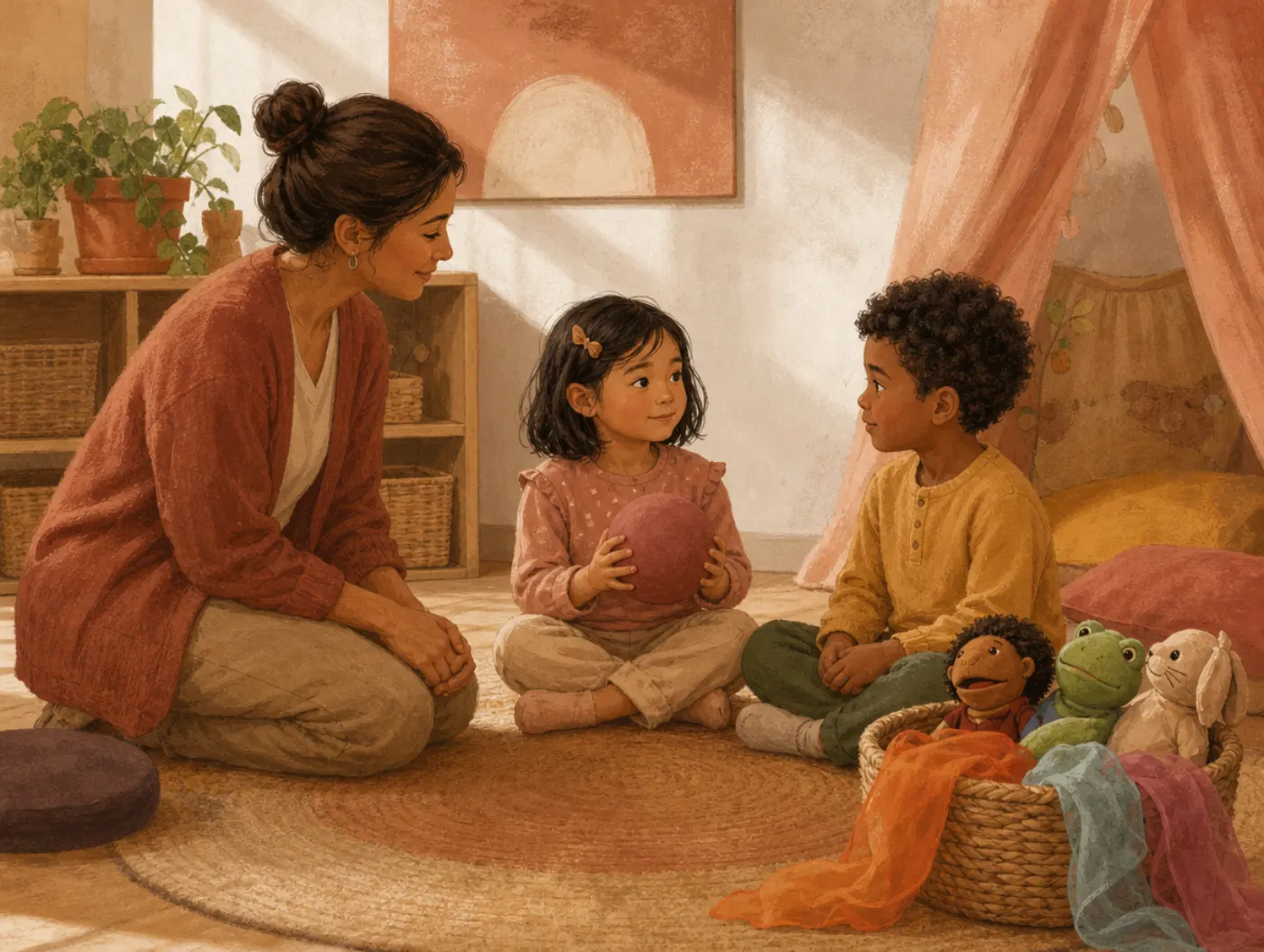 Social Skills Activities for Kids: teacher and two children passing a ball to practice taking turns talking