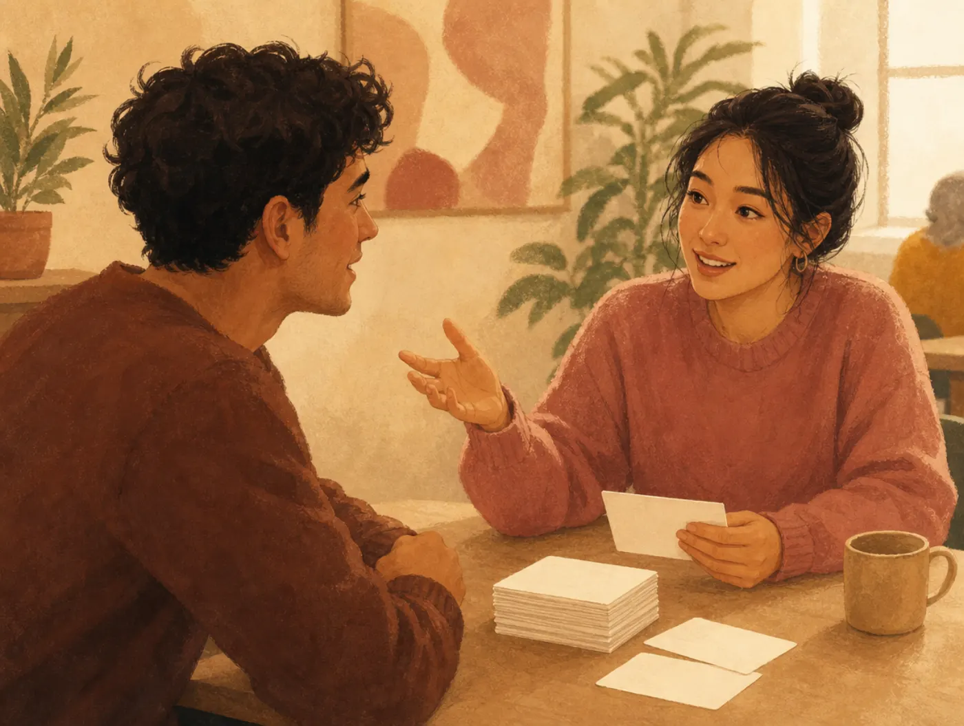 Social Skills Worksheets: two people role-playing a conversation at a table, one gesturing beside a stack of blank pract