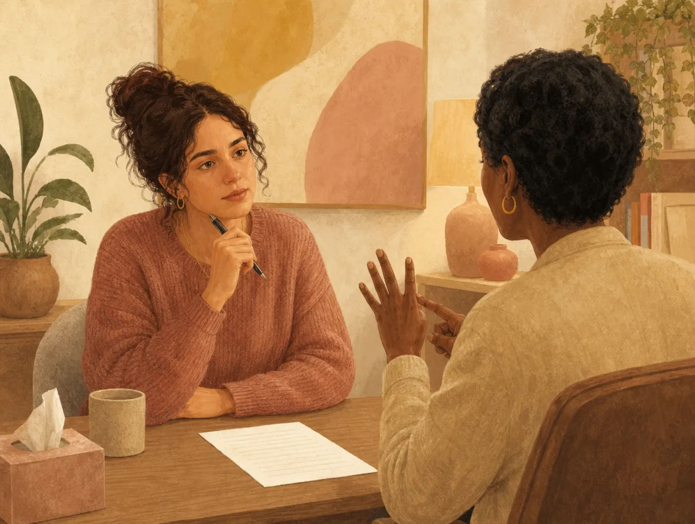 Socratic Questioning Worksheet: client pausing to think as a therapist counts follow-up questions on their fingers over