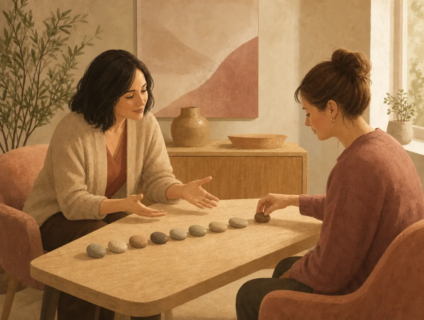 Solution-focused therapy techniques: therapist and client moving a pebble along a row on a table