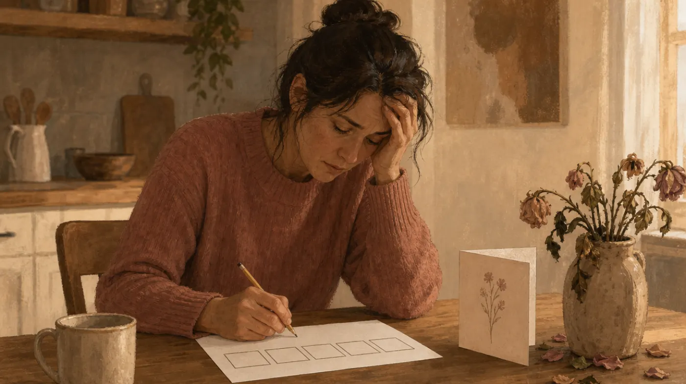 The Stages of Grief: an adult filling in a five-box worksheet at a table, pencil in hand, a sympathy card and wilting fl