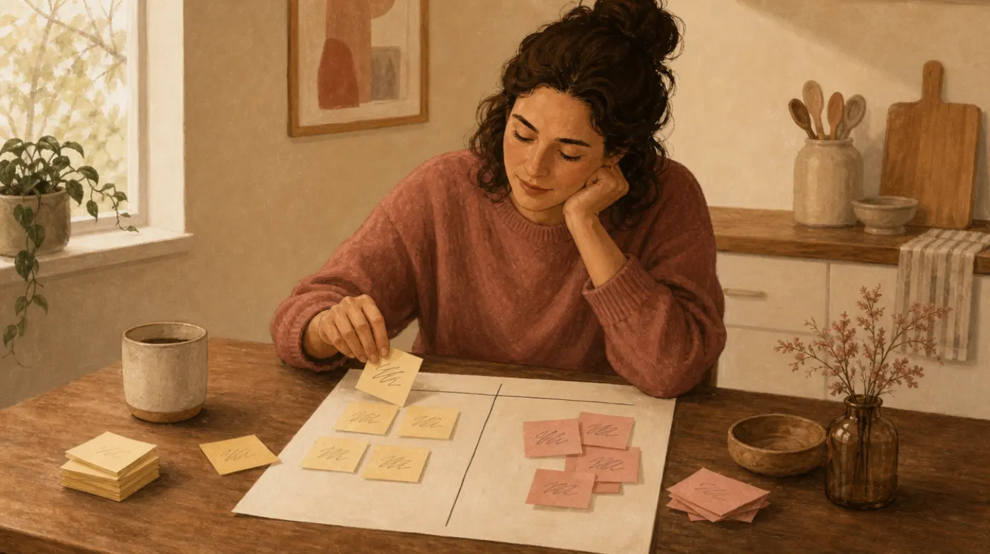 Stress Management Worksheet: person sorting sticky notes into can-control and can't-control piles on a two-column worksh