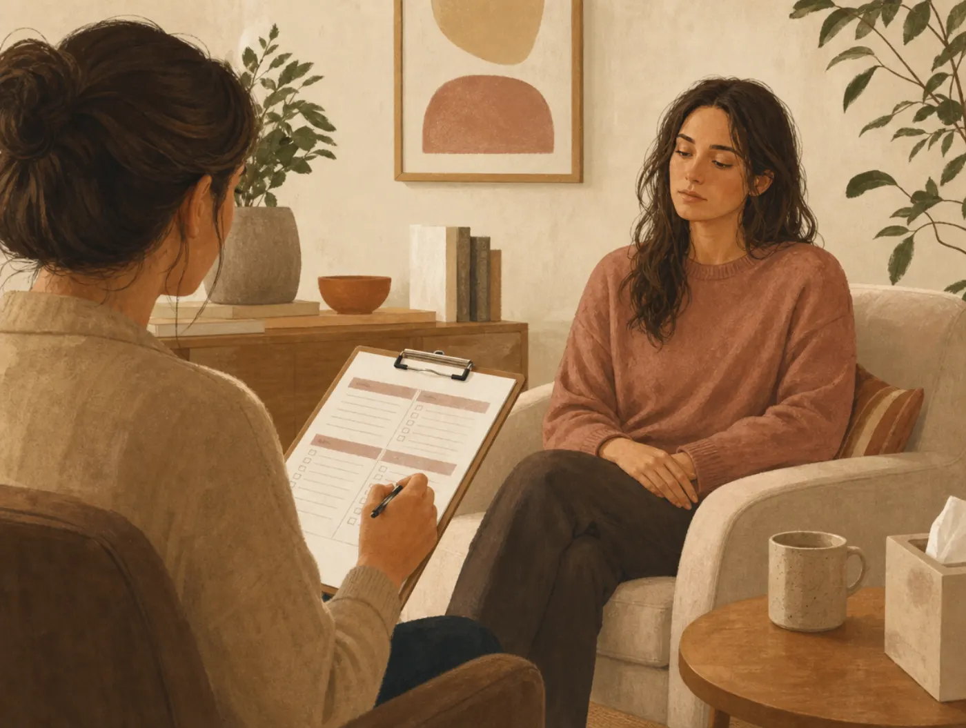 Suicide Risk Assessment Tool: a clinician filling out a sectioned clipboard checklist while talking with a client in a q
