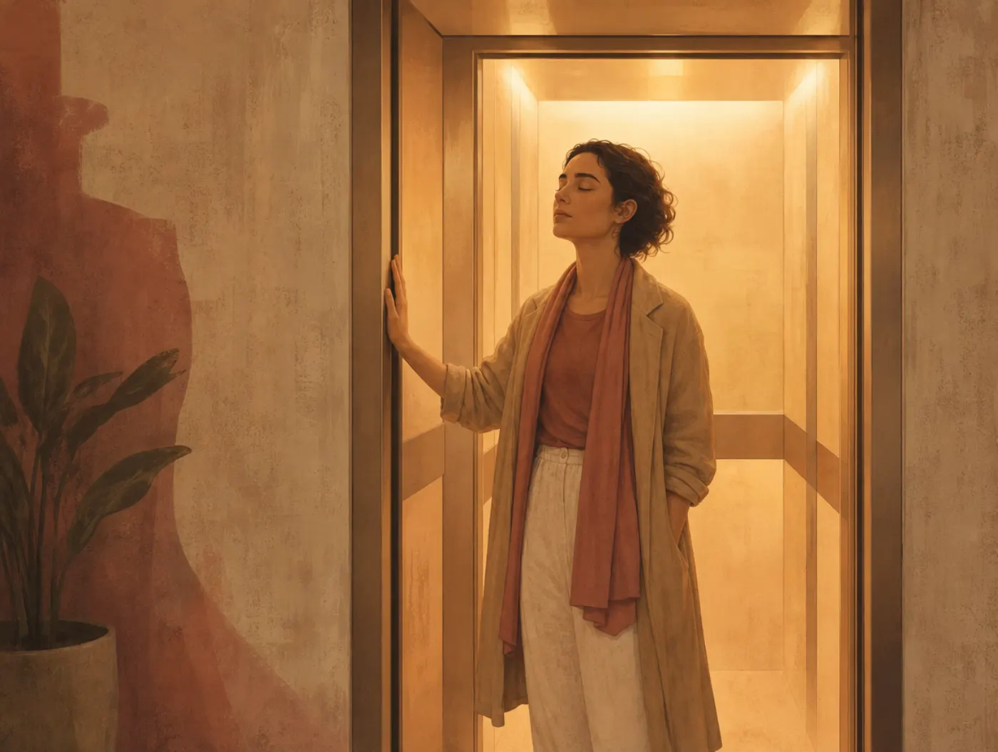 Systematic Desensitization: person breathing calmly at an open elevator threshold, hand resting on the doorframe