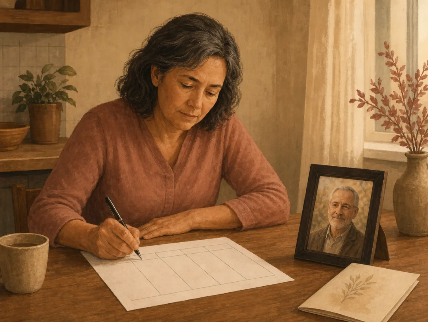 Tasks of Mourning Worksheet: person writing at a table with a framed photo and folded funeral program beside the page