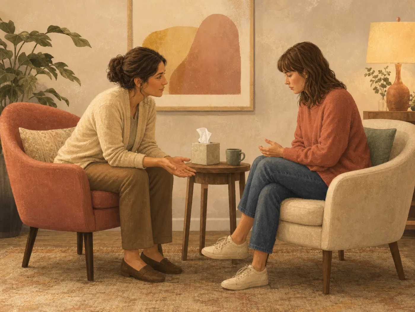Therapeutic Communication Techniques: clinician leaning forward, open palms, listening as client pauses mid-sentence