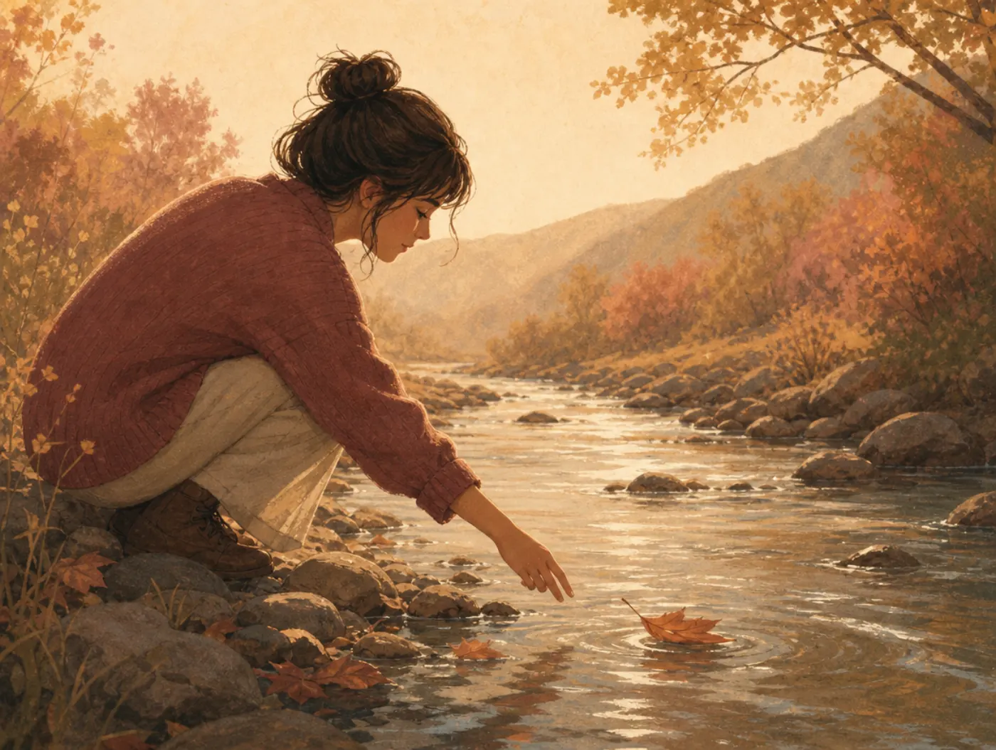 Thought Stopping & Defusion: a person at a creek releasing a leaf onto the water, watching it drift away