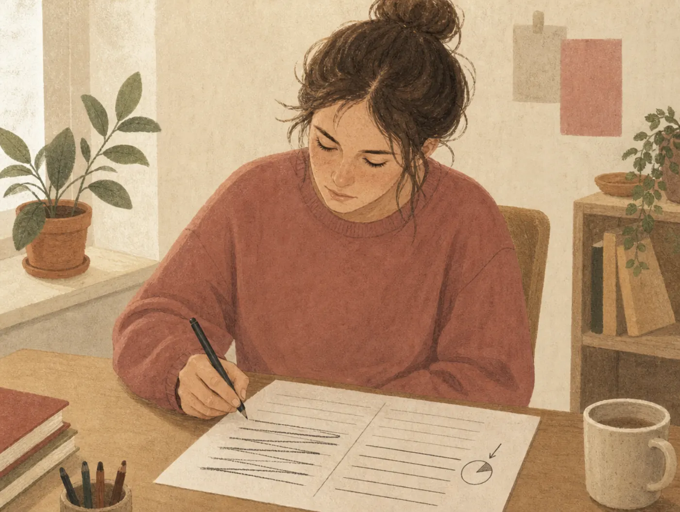 Thought Record: a person filling out a column-lined worksheet, crossing out one entry and writing a revised line beside