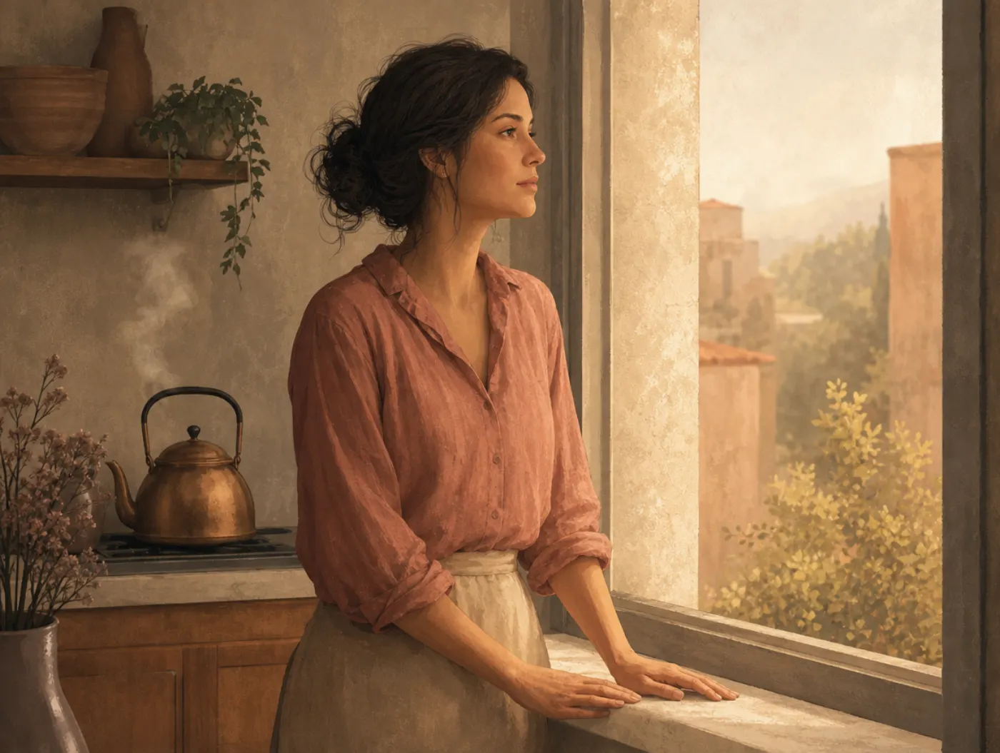 Thought stopping techniques: a woman at a kitchen window, hands resting still on the sill