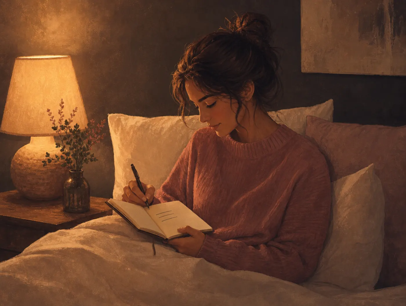 Three Good Things Exercise: person in bed by lamplight journaling three lines before sleep