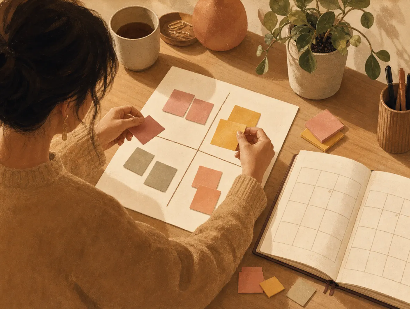 Time Management Worksheet: sorting sticky notes into a four-quadrant priority matrix next to a weekly planner page