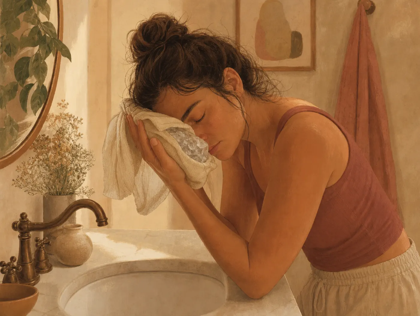 TIPP Skills: person leaning over a sink pressing an ice pack to their face to calm intense distress