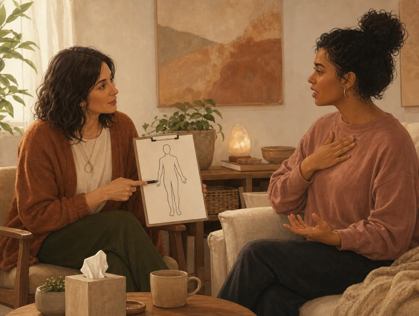 What Trauma Does to the Brain & Body: therapist points to a body-outline handout as client presses a hand to their own c